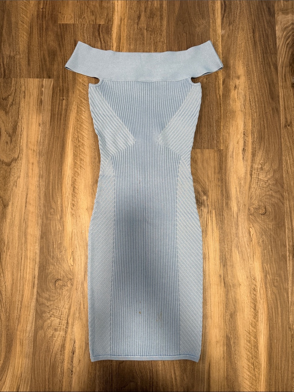 Marciano Light Blue Off-Shoulder Ribbed Midi Dress